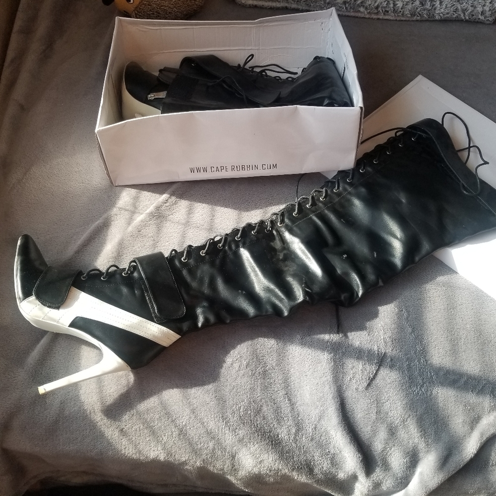 Sporty sneaker high heel thigh high boots